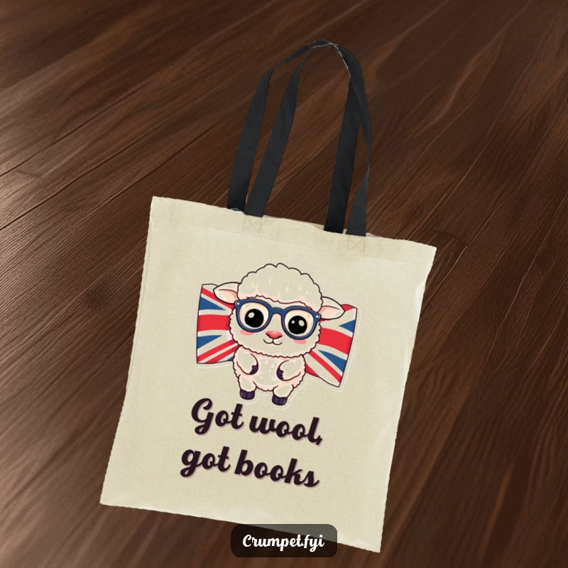 Funny British sheep wearing spectacles peeking from Union Jack flag, humor tote bag for shoppers.