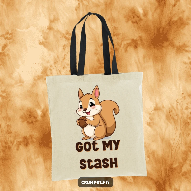 Funny squirrel tote bag with a contented squirrel giving a thumbs up while eating an acorn, perfect for daily errands.