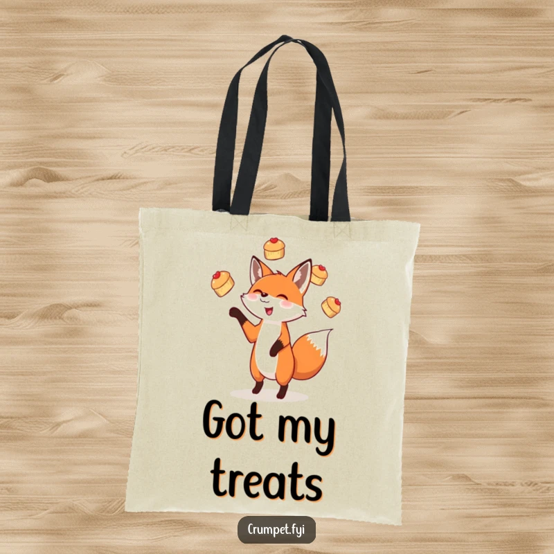 Funny tote bag featuring a delighted fox juggling miniature scones, perfect for carrying groceries or baked goods with humor.