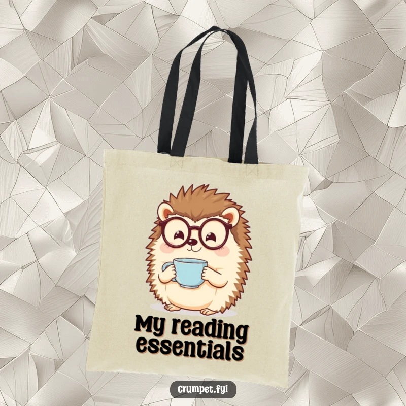 Funny hedgehog with spectacles holding a steaming teacup on a durable tote bag. A charming funny gift.