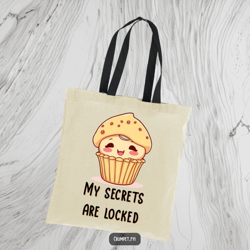 Funny playful muffin character peeking out from behind another pastry on a tote bag, a charming and functional accessory.