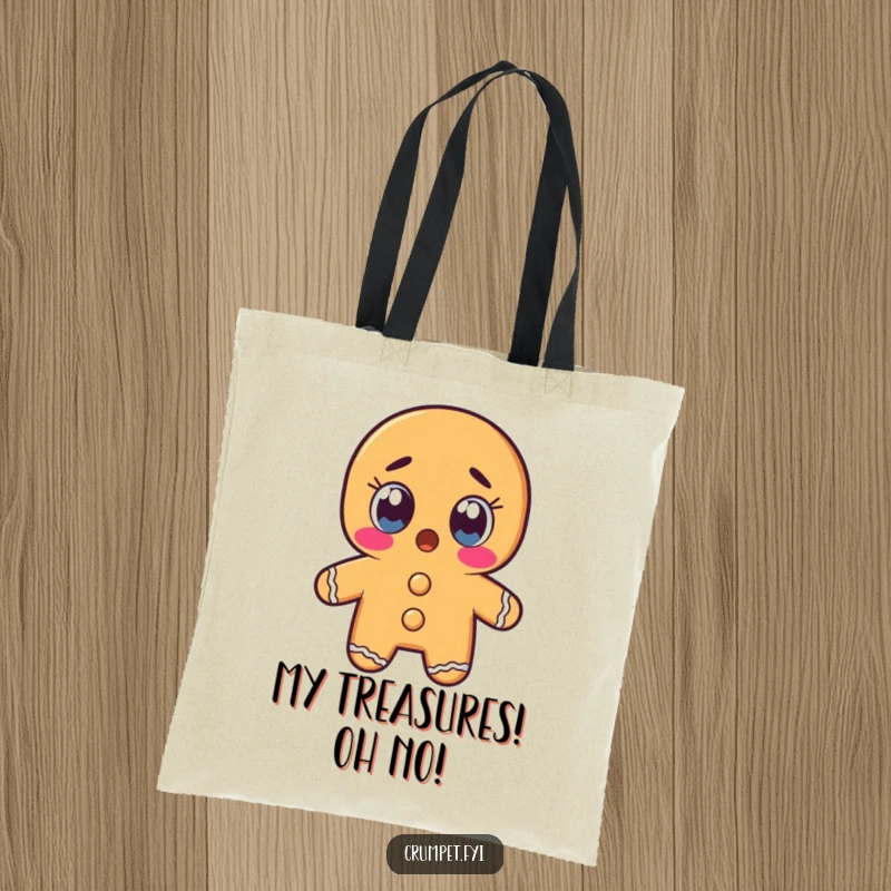 Funny gingerbread man character with wide, shocked eyes on a tote bag, a humorous and practical accessory.
