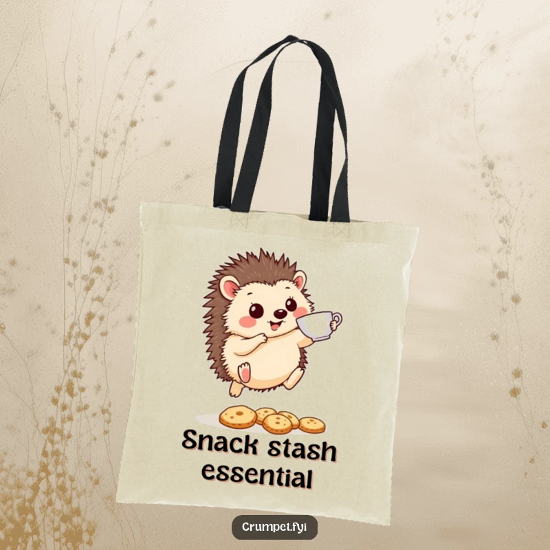 Funny Hedgehog Tote Bag: A cheerful hedgehog leaps with a teacup over biscuits, a humorous and practical accessory for daily use.